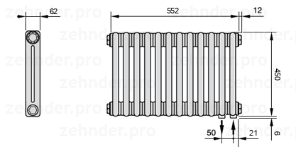 Схема (чертеж) Радиатор Zehnder Charleston 2045/12 №5510 Белый глянцевый RAL 9016